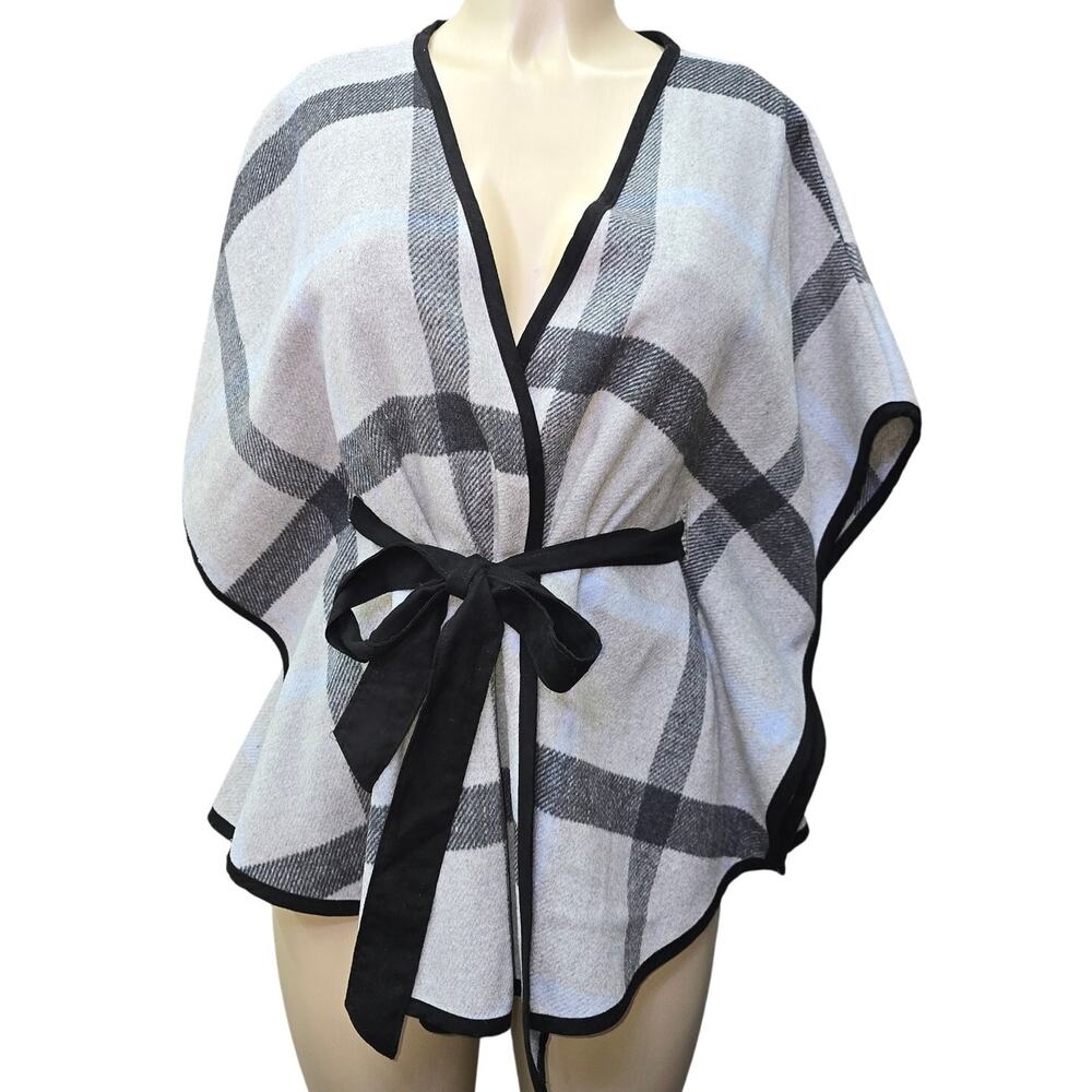 Favlux Fashion Poncho Womens Small Grey Plaid Wool Belt Equestrian Western Boho